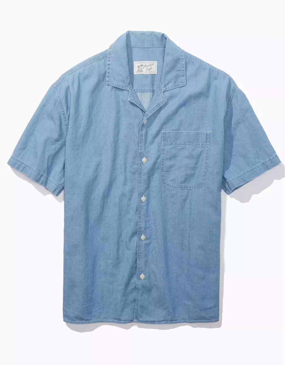 Hauts Flanelle American Eagle AE Chambray Button-Up Poolside Shirt Bleu Clair Homme | MLJ-96495024